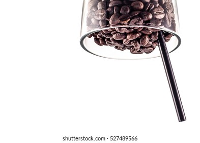 Coffee Beans And Straw Coffee In Glass Isolated On White Background Area For Copy Space.Concept Crazy Coffee Area For Copy Space.