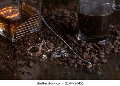 Coffee beans whiskey and smoke