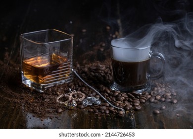 Coffee beans whiskey and smoke