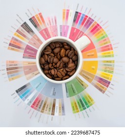 coffee beans in white cup on taster's note flavor wheel chart.