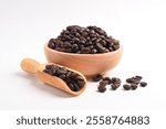 Coffee beans in wooden bowl isolated on white background