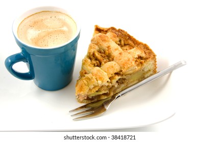 Coffee In Blue Cup With Slice Apple Pie Isolated On White Background