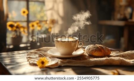 coffee and bread on the table, cozy, peaceful. sunny, breakfast, cafe