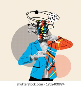Coffee break. Comics styled orange blue striped suit. Modern design, contemporary art collage. Inspiration, idea concept, trendy urban magazine style. Negative space to insert your text or ad. - Shutterstock ID 1932400994