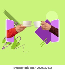 Coffee Break. Contemporary Art Collage Of Two Hands Sticking Out Phone Screen And Clinking Tea Cups Each Other Isolated Over Green Background. Concept Of Remote Work, Meeting, Celebration, Holiday.