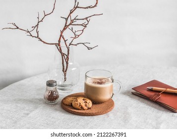 Coffee Break - Coffee, Cookies With Chocolate Drops On The Table In A Cozy Kitchen Interior    