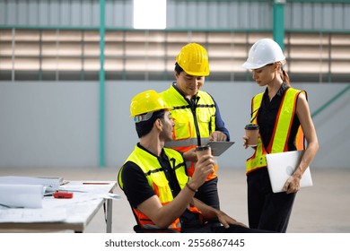 coffee break together in warehous. Ethnic diversity worker people, Success teamwork. Group of professional engineering people wearing hardhat safety helmet meeting - Powered by Shutterstock