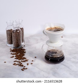 Coffee Brew, V60 Brewing Method, Spilled Coffee Beans On Table, Hot Drink