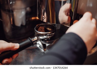 Coffee brewing process in professional coffee machine.