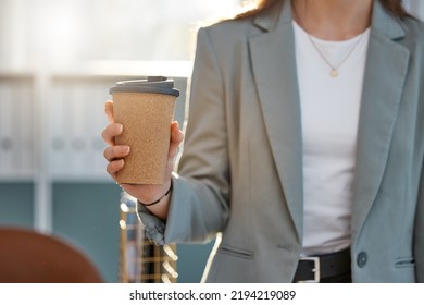 Coffee, Business Hand And Work Break For Walking Pedestrian Woman On Lunch, Breakfast Or Tea Stop In City, Town Or Downtown. Zoom On Takeaway Cup For Motivation Routine Or Morning Public Work