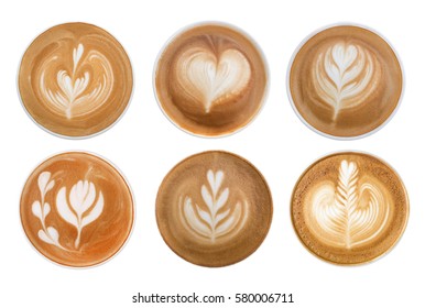 Coffee cappuccino latte art foam set isolated on white background