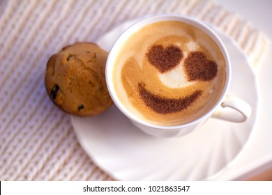 Coffee Cappuccino In A White Cup With A Heart Of Cinnamon On Milk Foam