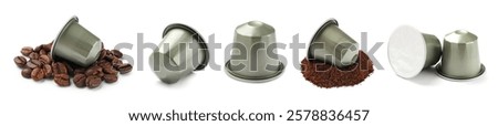 Coffee capsules isolated on white, set. Single-serving container