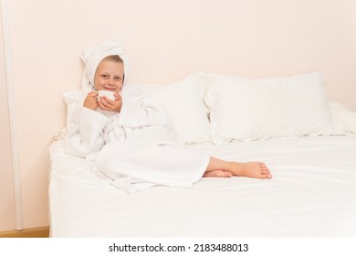 Coffee Cell Girl Bed Bathrobe Copyspace White Portrait Morning Smile, For Dressing Hotel In Shower And Gown Take, Towel Bathing. Head Funny Female,