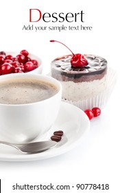 Coffee With Chocolate Cake Isolated On White Background