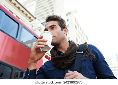 Coffee, city and walking with man, travel and commute with buildings and summer in Cape Town. Person, outdoor and guy with morning tea or routine with student and sunshine with adventure or break - Powered by Shutterstock