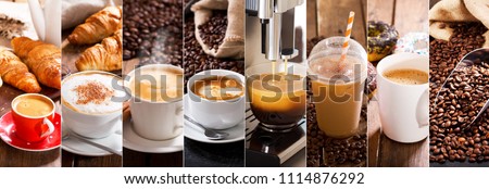 coffee collage of various cups and coffee beans