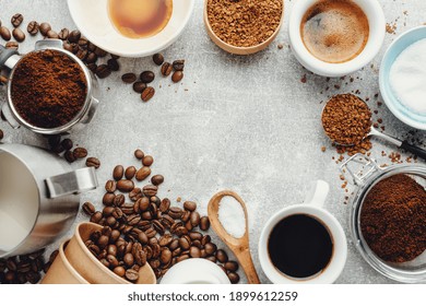 Coffee concept with different types of coffee and props for coffee making on grey background. View from above.