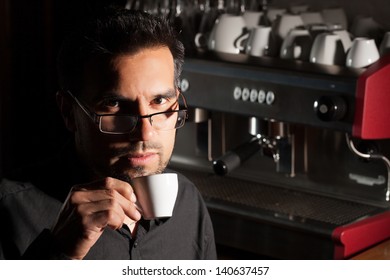 Coffee Connoisseur Degustation Man Coffee Sommelier Tasting Espresso Cup High Contrast Image Coffee Connoisseur Degustation Man Color Colour Espresso Classic White Machine Nails Hand Industry Face Lif