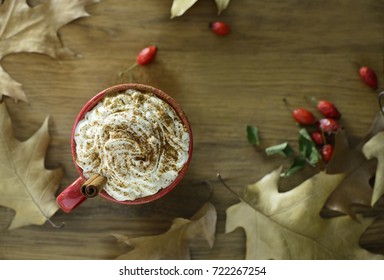 Coffee With Cream Topping And Pumpkin Spice, Or Pumpkin Spice Latte. Autumn Hot Drink Concept. View From Above, Space For A Text