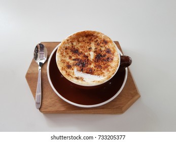 Coffee Creme Brulee Latte And Wooden Tray On White Background