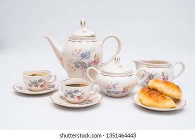coffee with croissant, breakfast, snack, caffeine, vintage, old fashion style. Hot beverage 