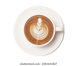 Coffee cup of art latte with froth tulip shaped  isolated on white background.