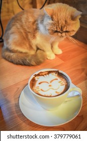 Coffee cup with artistic cream cat face decoration, cat backgroud