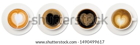 coffee cup assortment with heart sign top view collection isolated on white background.