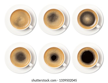 Coffee Cup Assortment Top View Collection Isolated On White Background.