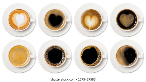 colección de vista superior de taza de café variada, surtido de taza de café con colección de vista en la parte superior del signo del corazón aislada en fondo blanco.