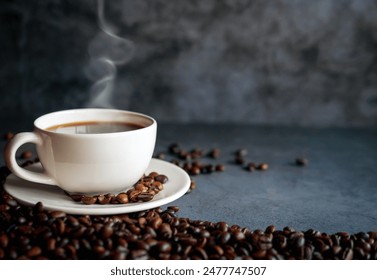 Coffee cup and coffee beans on  gray background, Black coffee cup aromatic