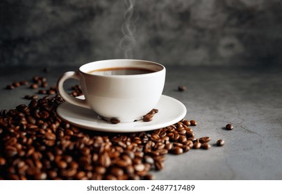 Coffee cup and coffee beans on  gray background, Black coffee cup aromatic - Powered by Shutterstock