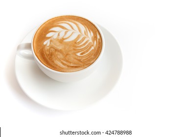 Coffee cup of cafe latte with latte art on top white background isolated