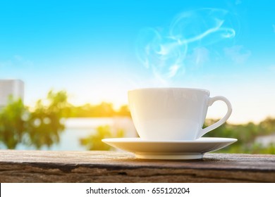 Coffee Cup Clock  On Old Wooden Table Nature Background The Good Morning