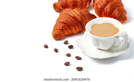 Coffee Cup , With Croissants On A White Background, Close-up, Breakfast, No People, Horizontal,