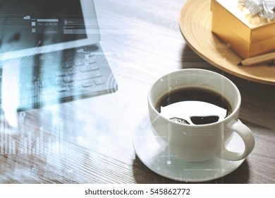 Coffee Cup And Digital Tablet Dock Smart Keyboard,gold Gift Box And Round Wood Tray,color Pencil On Wooden Table,virtual Interface Business Screen