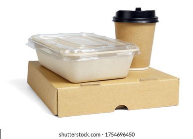 Coffee Cup and Food Boxes on White Background