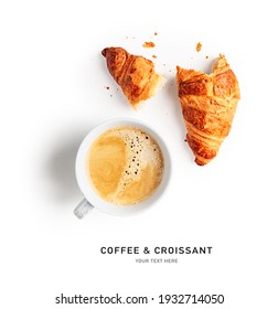 Coffee cup and fresh croissant creative layout on white background. Healthy eating and sweet food concept. French breakfast. Flat lay, top view. Design element