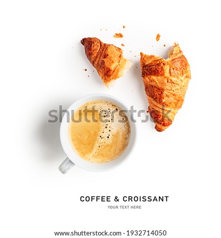 Coffee cup and fresh croissant creative layout on white background. Healthy eating and sweet food concept. French breakfast. Flat lay, top view. Design element
