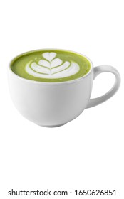 coffee cup with green matcha latte art isolated on a white background, template for summer drink menu of cafe and restaurant