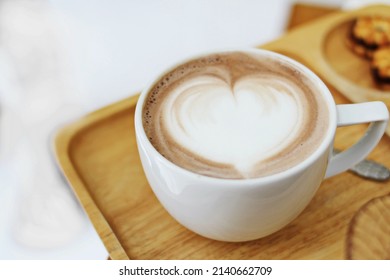 Coffee With Coffee Cup Heart Latte Art With White Milk Foam