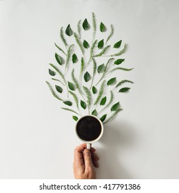 Coffee Cup With Leaves. Flat Lay. Nature Concept.