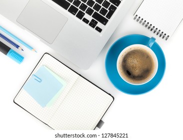 Coffee Cup And Office Supplies. View From Above. On White Background