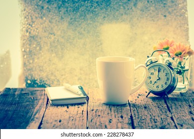 Coffee Cup On A Rainy Day Window Background.coffee Time. Vintage