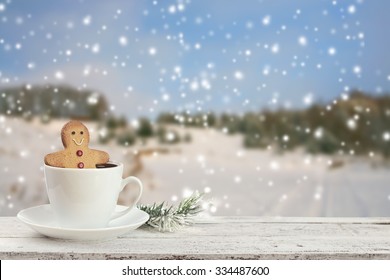 Coffee Cup On A Snowy Day Window Background