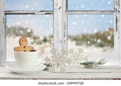 Coffee Cup On A Snowy Day Window Background