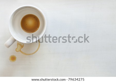 Coffee cup over white painted background.  Dregs in the bottom of the cup, with stains.  Lots of copyspace.
