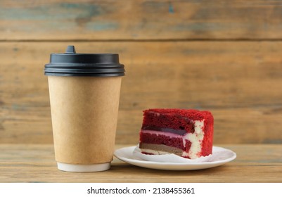 Coffee Cup Paper And Biscuits On Wood Table Background.