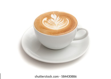 Coffee cup of rosetta latte art on white background isolated
